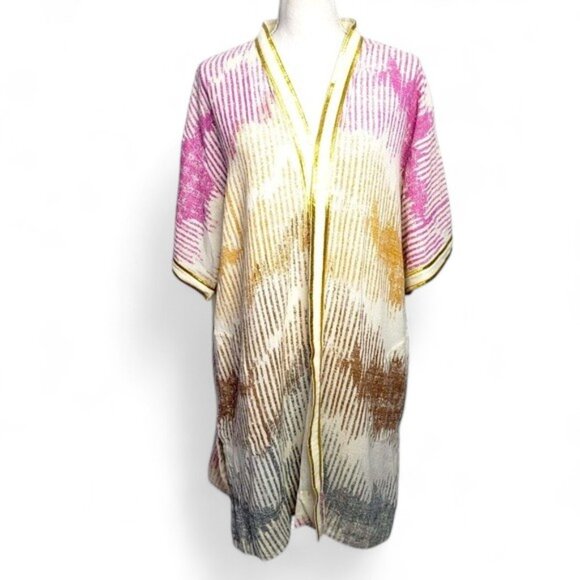 Soft Surroundings Kimono Cardigan Metallic Gold Stripe Open Front Loungewear OS - Picture 1 of 6